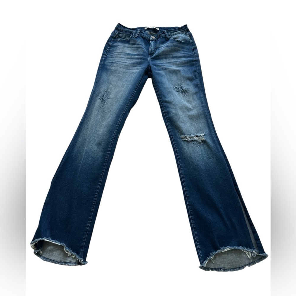KanCan Bootcut Distressed Jeans with Frayed Ends, Size 7/27, Medium Wash